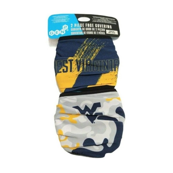 West Virginia University 2 Pc Face Cover Youth Face Mask Set Blue & Gold - Picture 1 of 7